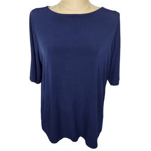 Susan Graver Top Large Navy Blue Essentials Liquid Knit Boat Neck Elbow Sleeves